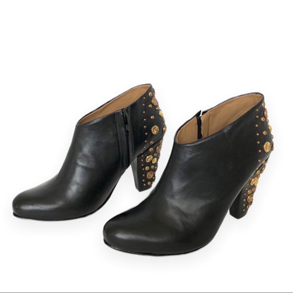 Black Leather Ankle Booties With Gold Stud Detail